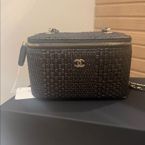 Auth Chanel Black Raffia vanity  full set sold out in box never used